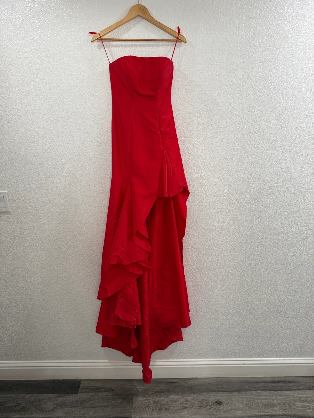 Sherri Hill Red Strapless High-Low Ruffle Gown